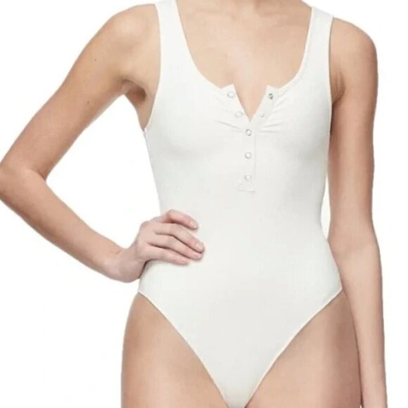 Good American White Henley Snap Front Sleeveless Ribbed Knit Bodysuit - Picture 1 of 6